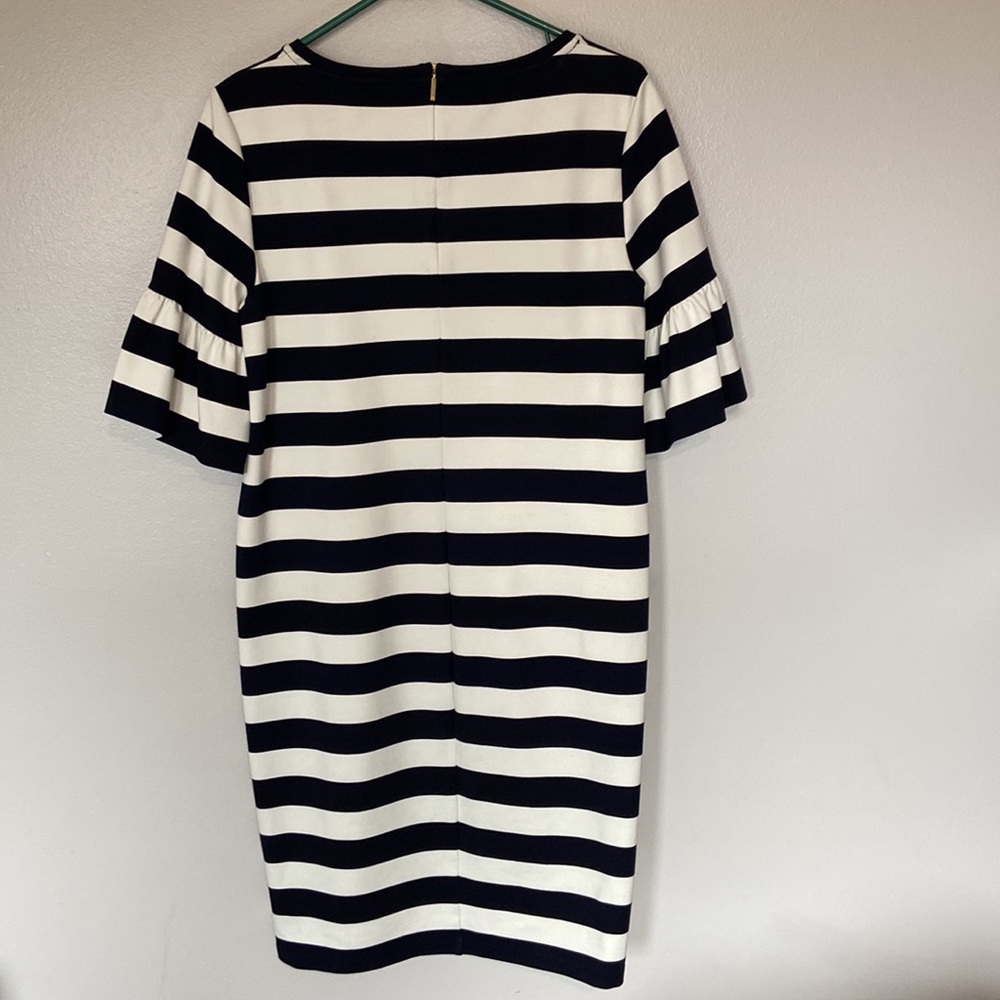 LRalph Lauren Navy White Striped Dress Womens Med Bell Sleeve Midi Nautical - Picture 2 of 11